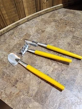 Set Of 3 Small Planting Tools 6",7" &8" Long W/yellow Wooden Handles Used