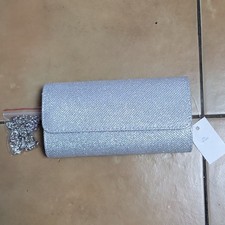 Silver Glitter Women s Clutch Evening Bag w/ Detachable Chain Strap, Snap
