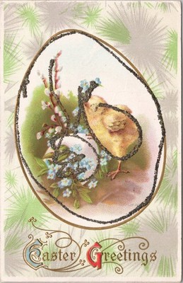 1911 Easter Greetings Chick Pussy Willow Forget-Me-Nots Glitter Postcard