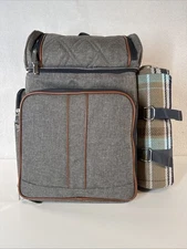 Picnic Backpack for 4 w/ Blanket Glasses Plates Silverware Gray Preowned