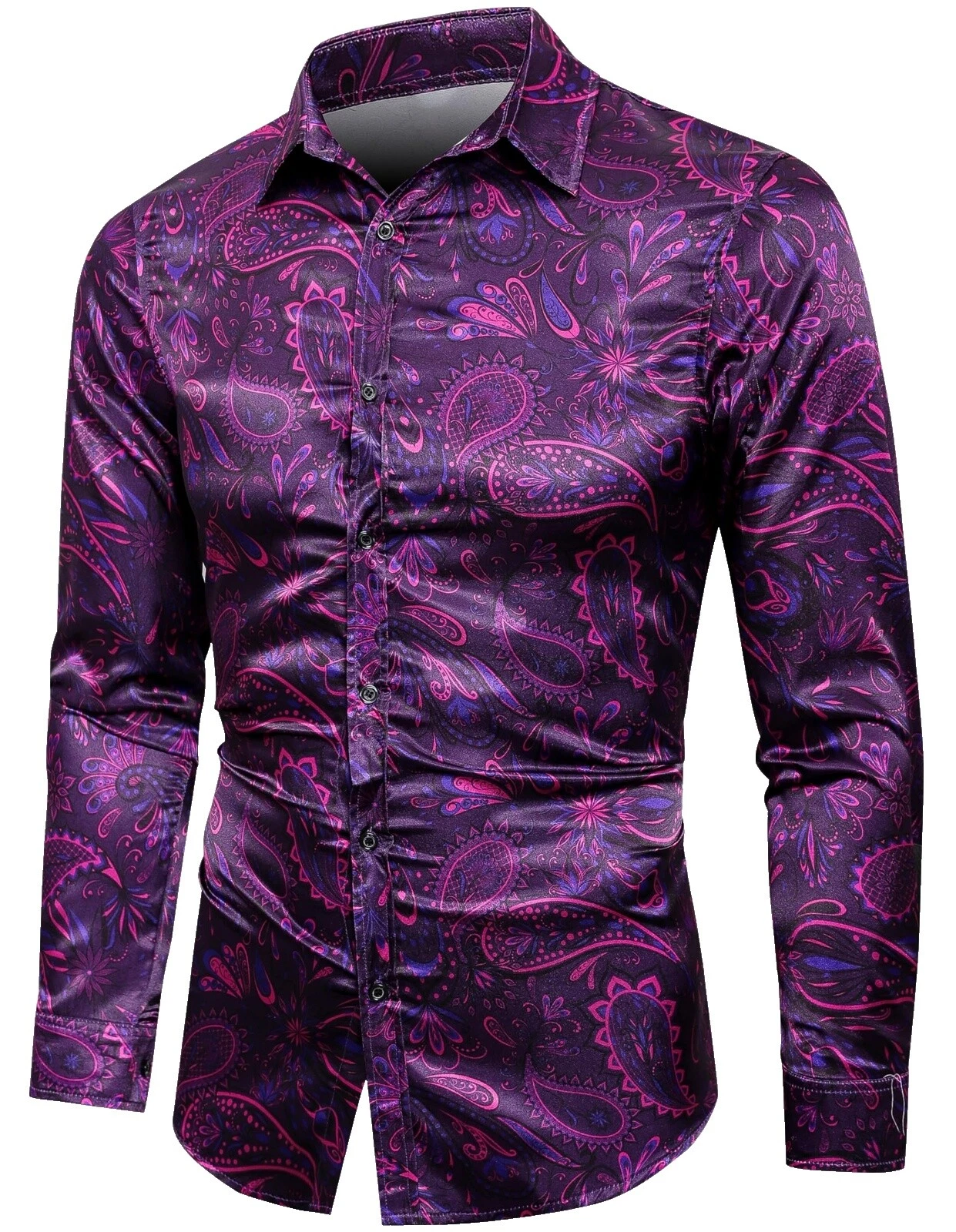 Silk Long Sleeve Floral Casual Button-Down Shirts for Men