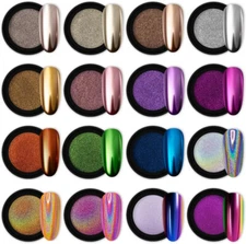 16 Jars Chrome Nail Powder Metallic Mirror Effect Holographic Aurora Nail Art..