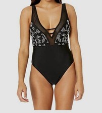  87 Lucky Brand Women's Black Front Plunge One-Piece Swimsuit Swimwear Size XS