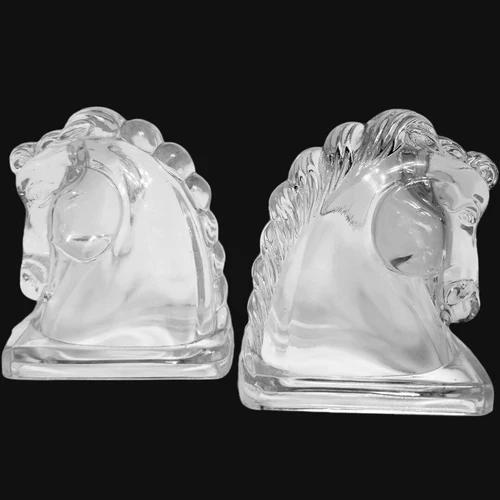 Vintage Federal Clear Glass Horse Head Bookends Paperweights 5.5" Art Deco Style