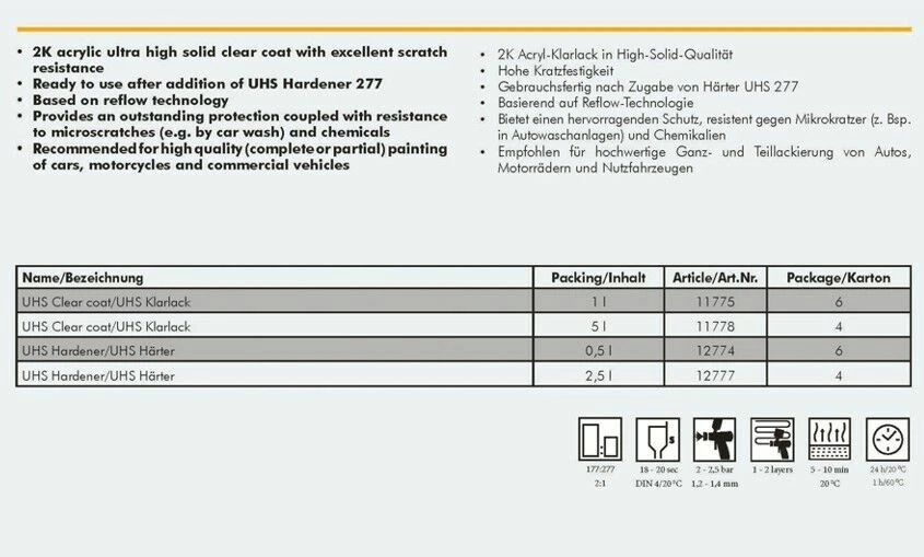 Chamäleon  Klarlack 7,5L VOC UHS Kratzfest 2K Acryl 2:1 Lack Härter Standart - Bild 3 von 4