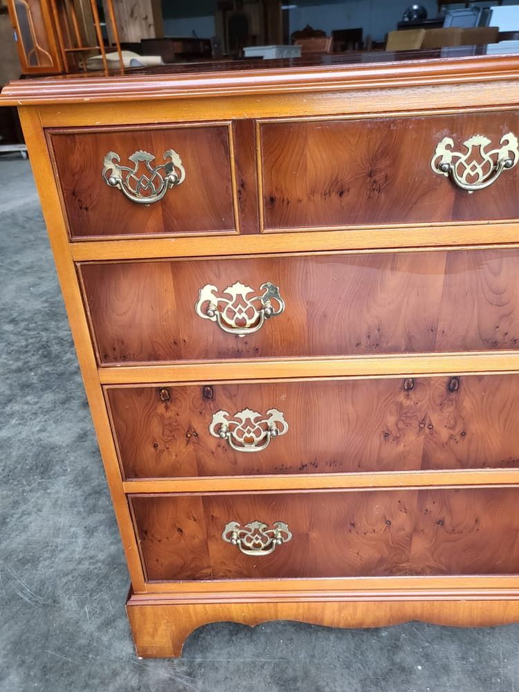 Antique repro Yew small chest of drawers 4 drawers bracket feet brass