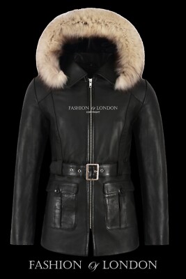 'MISTRAL' Ladies Black FUR HOODED Parka Real Leather Jacket Winter Coat 5788