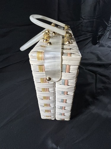 Stylecraft Miami Vintage Lucite Wicker Top Purse With Chip On Side Lucite In Pic - Imagen 5 de 18