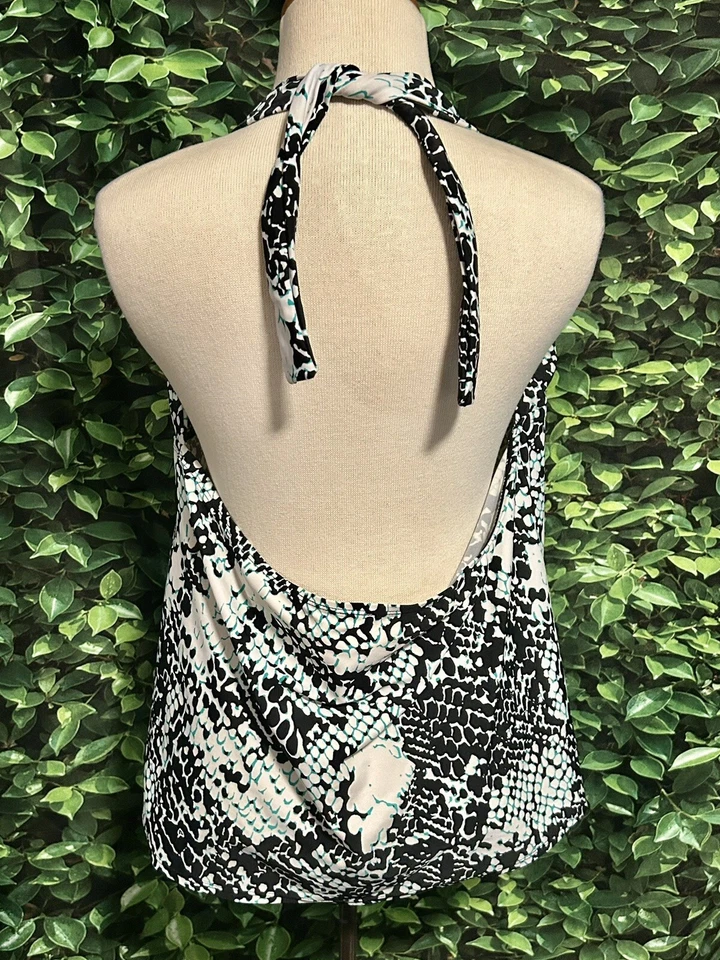 Traje de baño Elle Halter Top negro blanco verde azulado acolchado espalda baja para mujer XL Foto 3 de 4