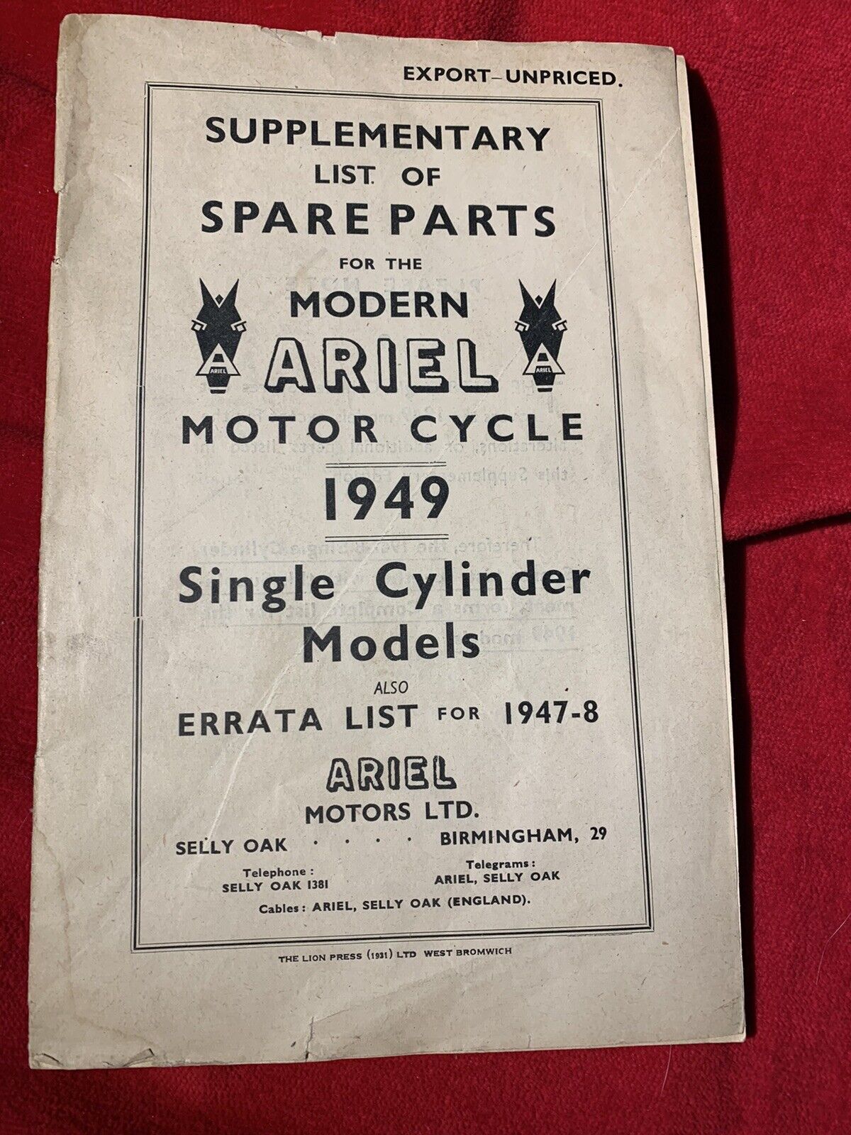 Ariel 1949 Motor Cycle Catalog