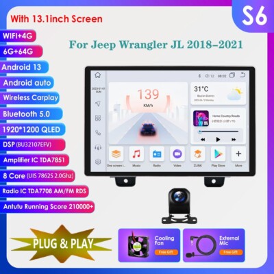 6+64GB Android 13.1'' Car GPS Navi for Jeep Wrangler 2018-21 CarPlay Stereo GPS