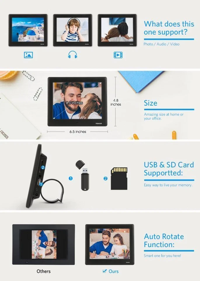 TENKER 8-inch HD Digital Photo Frame IPS LCD Screen PF0071 P08P3 - Image 2 of 4