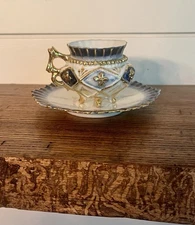 Antique German Footed Porcelain Gilt Tea Cup & Saucer-Victorian Era-C. 1898