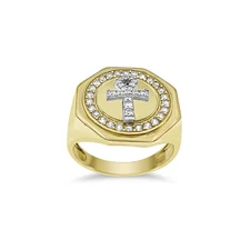 Egyptian Cross Ankh Octagon Mens Signet Pinky Ring 10k Yellow Gold CZ