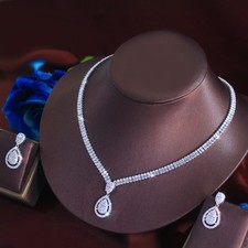 Women Silver Plated Water Drop Zircon Necklace Earrings Wedding Jewelry Set Gift
