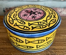 Vintage Safi Moroccan Hand Painted Terracotta Trinket Dish with Lid Fish Pattern