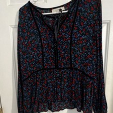 LOFT Floral Tie Long Sleeve V-Neck A-Line Knee Length Dress Black Red Blue S