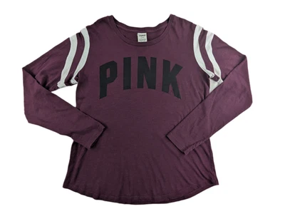 PINK Victoria Secret Womens Long Sleeve Top M Burgundy Striped Crew Neck Graphic - Image 1 of 4