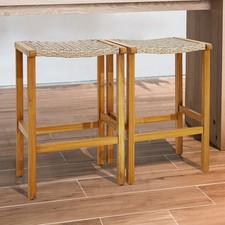 Modern Woven Paper Seat Dining Stool Set of 2, Solid Rubberwood Frame, Minimalis