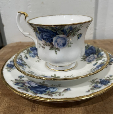 Royal Albert Moonlight Rose Bone China Tea Cup & Saucer White Blue Gold Floral