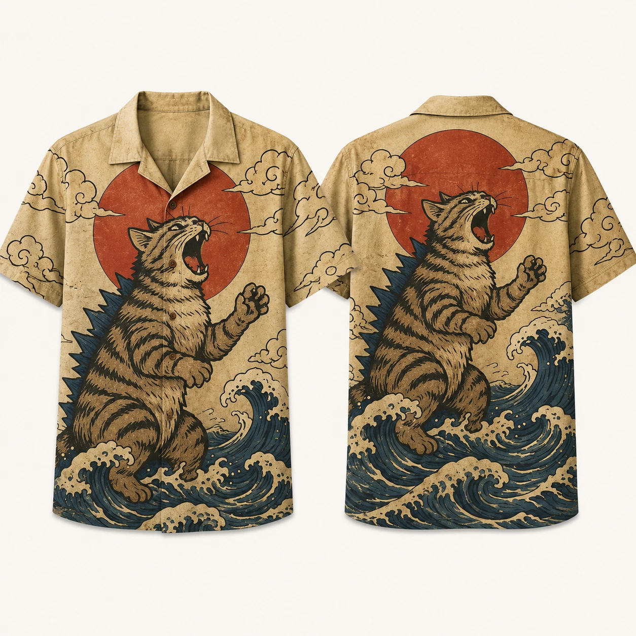 Japanese Ukiyo-e Catzilla Kaiju Monster Hawaiian Shirt Men Casual Short Sleeve
