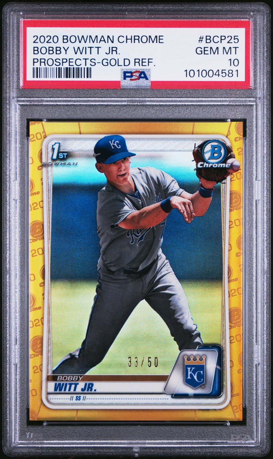 2020 BOWMAN CHROME PROSPECTS GOLD REFRACTOR #BCP25 BOBBY WITT JR. 33/50 PSA 10