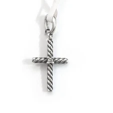 David Yurman Cable Classic 24mm Cross Pendant Charm Diamond Sterling Silver New