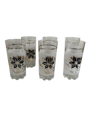 6 Vintage MCM Italian DeValBor Gold Black Frosted Glass Floral Highball Glasses