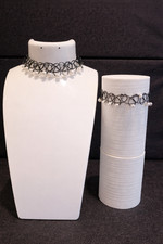Black Wire Tattoo Choker Necklace & Bracelet Jewelry Set White Pearl Dangles