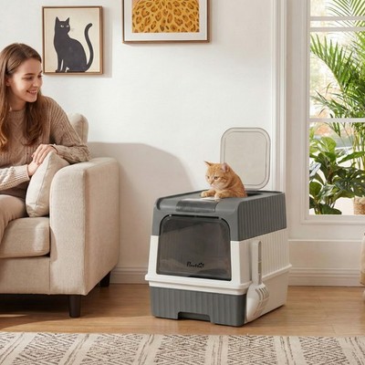 PawHut Cat Litter Box with Pull Out Drawer Tray, Gray