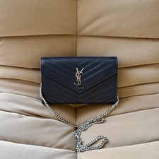 Saint Laurent YSL Large Envelope Wallet on Chain Bag in Navy Grained Leather
