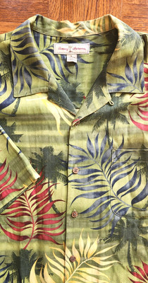 TOMMY BAHAMA SS SILK SHIRT, Men Large, Green Yellow Burgundy Floral, ALOHA, EUC