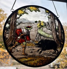 Altes Bleiglasbild Motiv Eberjagd mit Kette