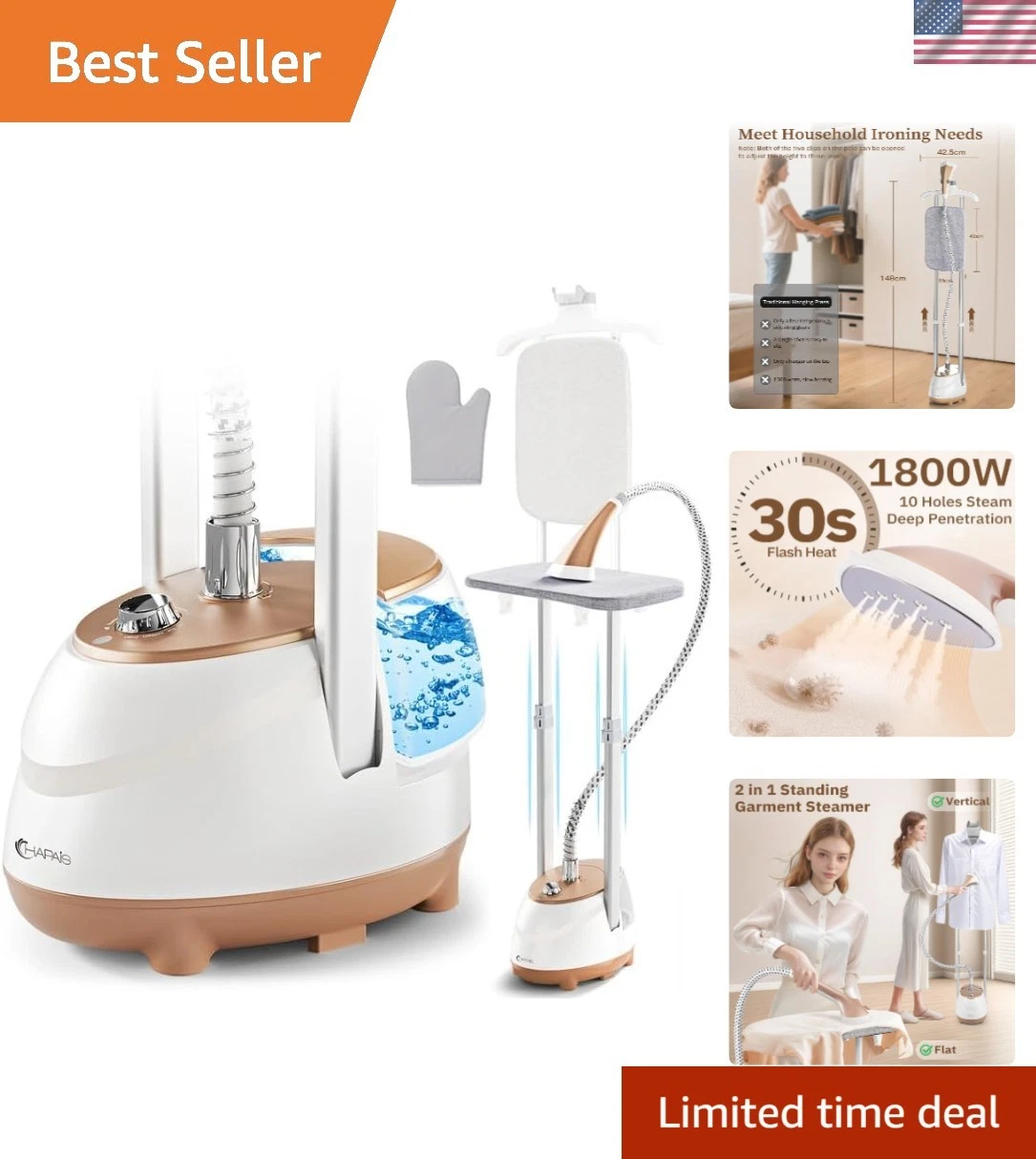 Clothes Steamer 1800W Standing Garment Steamer with Adjustable Double Rod
Opens in a new window or t