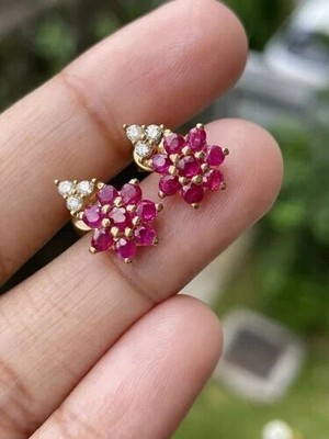 2Ct Round Lab-Created Ruby Cluster Stud Women's Earrings 14K Yellow Gold Plated
