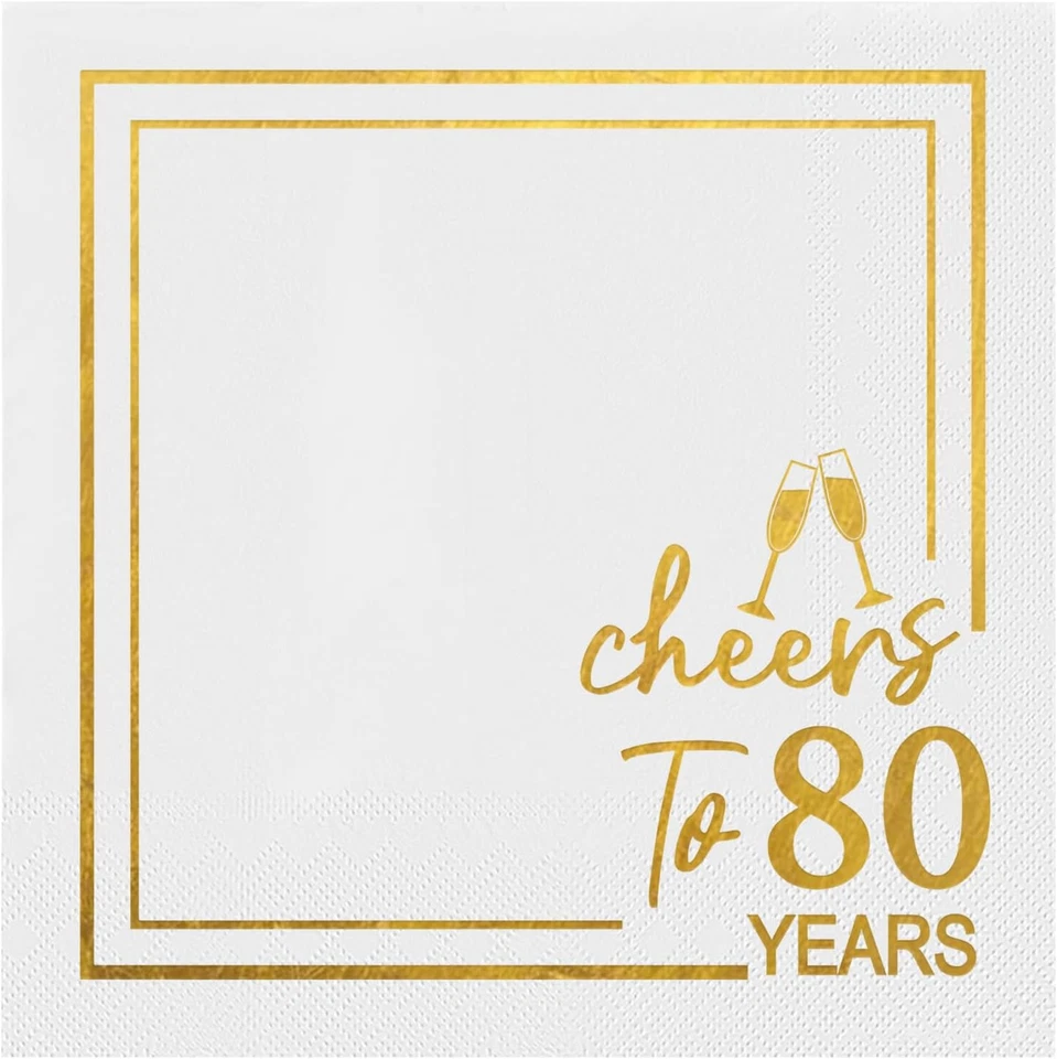 Paquete de 50 servilletas de cóctel Cheers to 80 años, lámina blanca y dorada de 5x5 pulgadas B... Foto 4 de 4