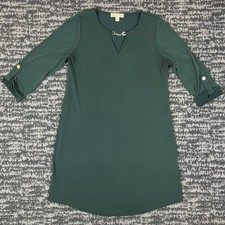 Michael Kors Shift Dress Womens XL Green Gold Chain Keyhole Roll Tab Sleeve