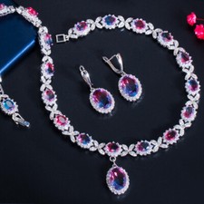 Mystical Rainbow CZ Lady Party Oval Leaf Necklace Earrings Charming Jewelry Set 