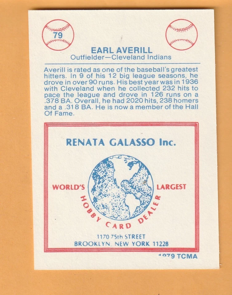 Earl Averill Cleveland Indians 1977-84 Galasso Greats #79 Snohomish Washington9C - Image 2 of 2
