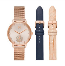 WATCH STATION ROSE GOLD MESH,BLUE,PINK LEATHER BANDS,PAVE,3 PC SET WATCH-WSI9003