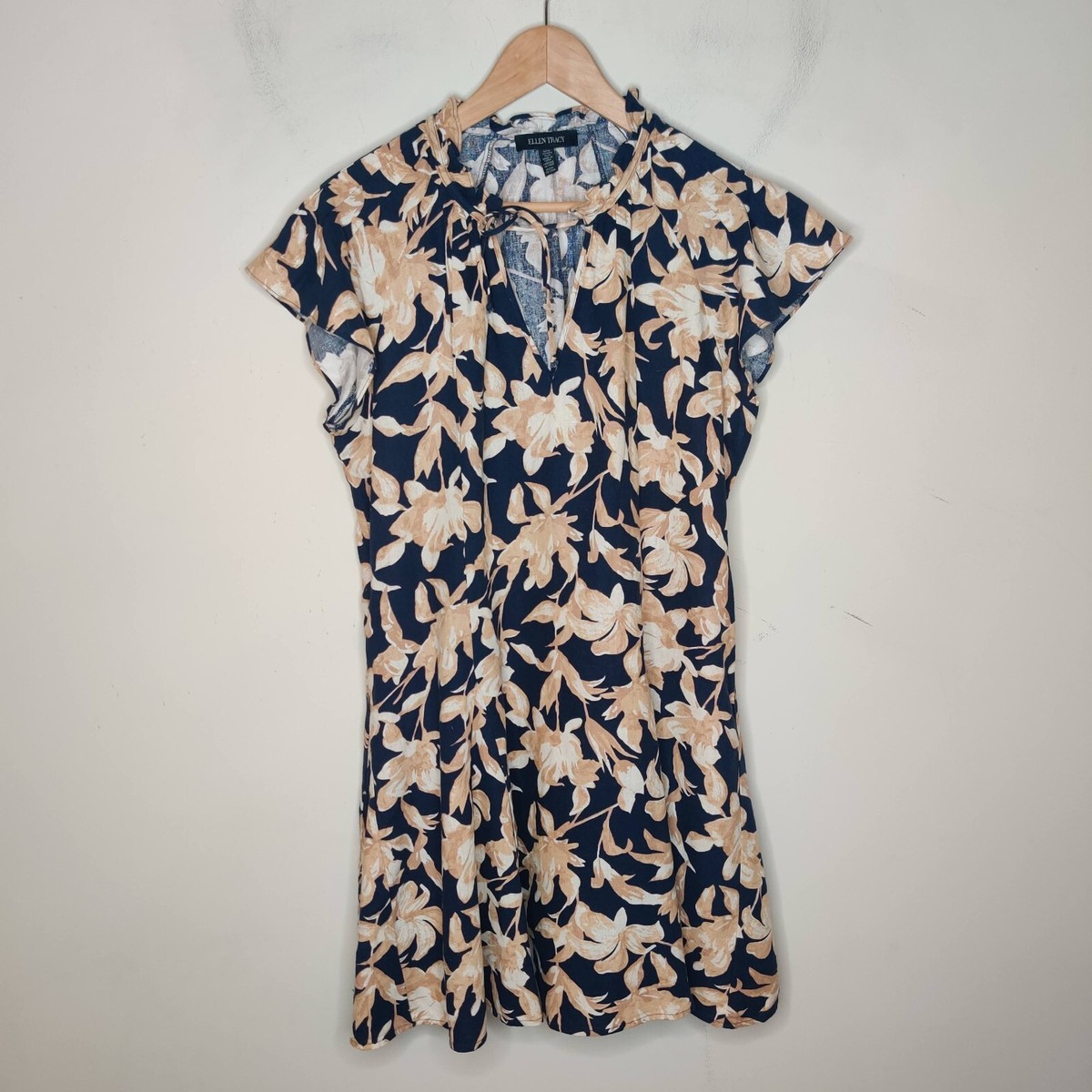 Ellen Tracy Linen Blend Floral Dress Size Medium Pockets Blue Brown | eBay