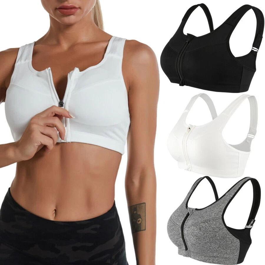 Plus Size Women Front Zipper Sports Bra Shockproof Gym Push Up Seamless Yoga  Top