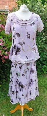 Jacques Vert lilac floral two piece silk blouse & floaty skirt twin set UK 10