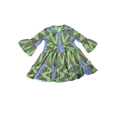 Devotion Twins Ella Mini Dress Women XS Green Blue Geometric Tiered Bell Sleeve