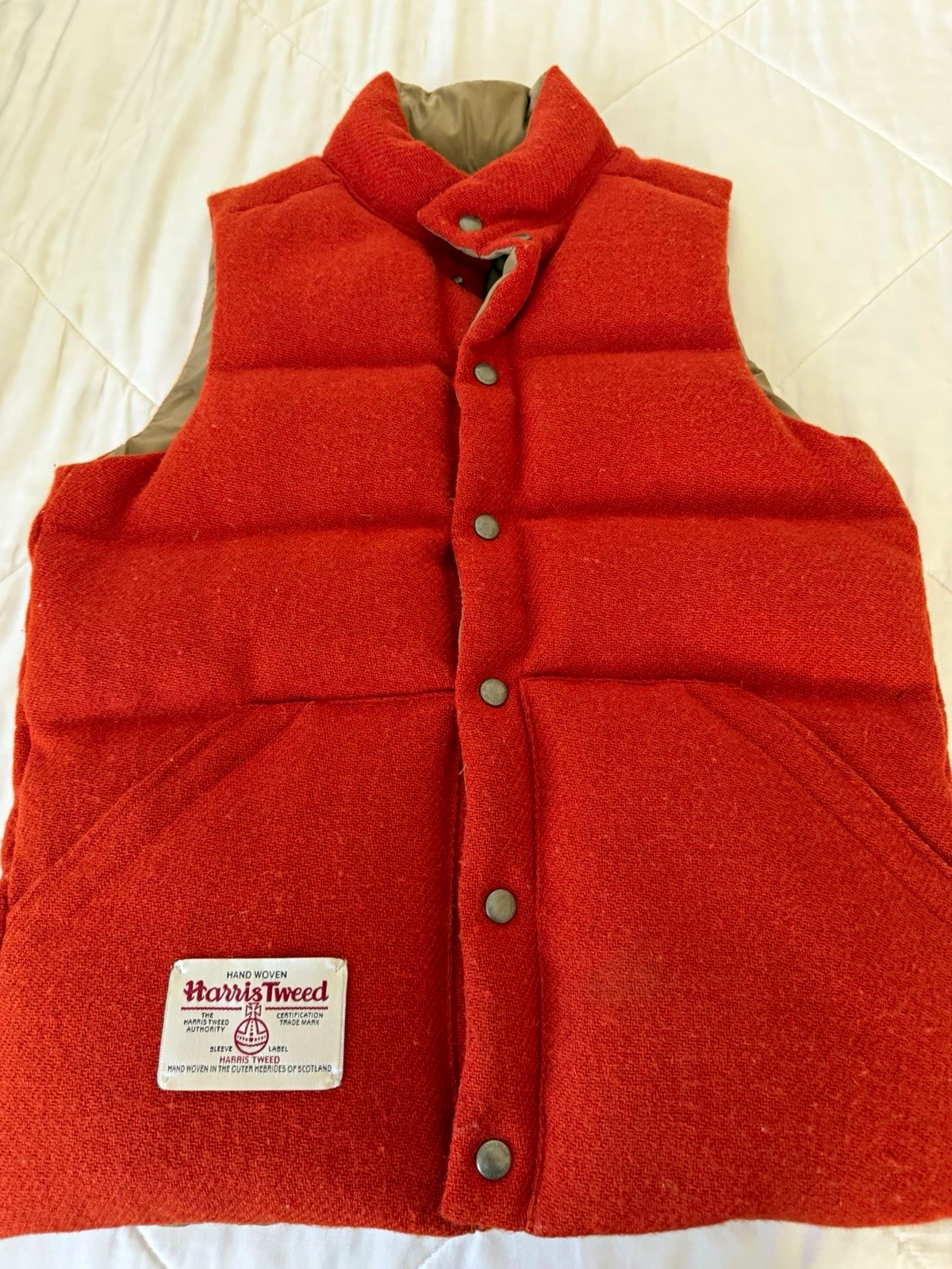 Beams Harris Tweed Puffer Vest Reversible Orange/Khaki Small - product detail image 1