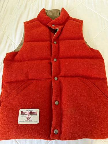 Beams Harris Tweed Puffer Vest Reversible Orange/Khaki Small - product listing photo