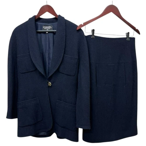 Chanel Navy lana seta cocco bottoni tweed giacca gonna tuta set up donna moda