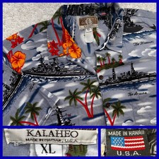 Kalaheo Navy Battleship Hawaiian Shirt Men XL Grey Missouri Arizona USA Made VTG