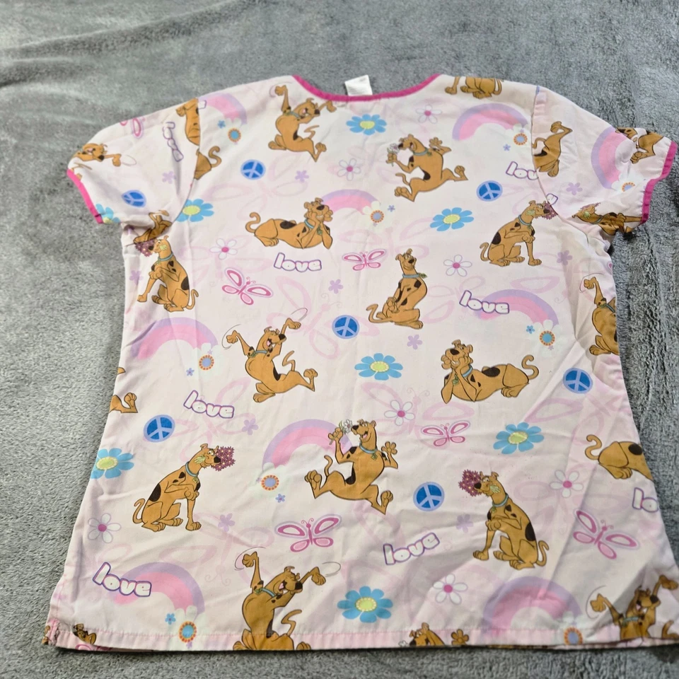 Scooby-Doo Scrub Top Womans Large Pink Valentine Hearts Love Double Pockets Larg - Image 2 of 4