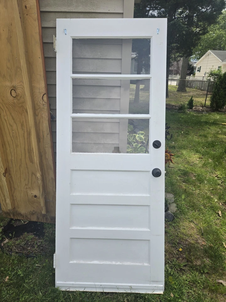 Puerta de entrada antigua de madera maciza con ventanas de vidrio 32 x 79 x 1 3/4 Foto 2 de 4